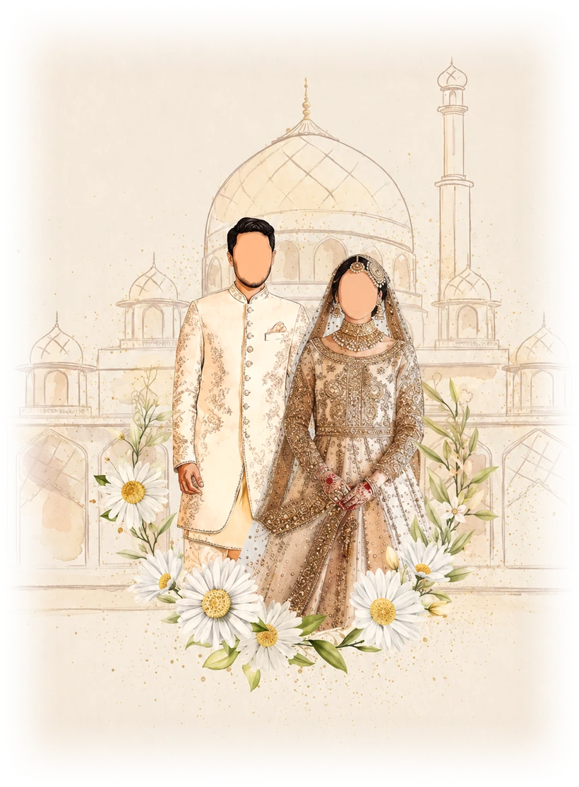 Illustration of Irfan and Tasnia in wedding dress before a mosque